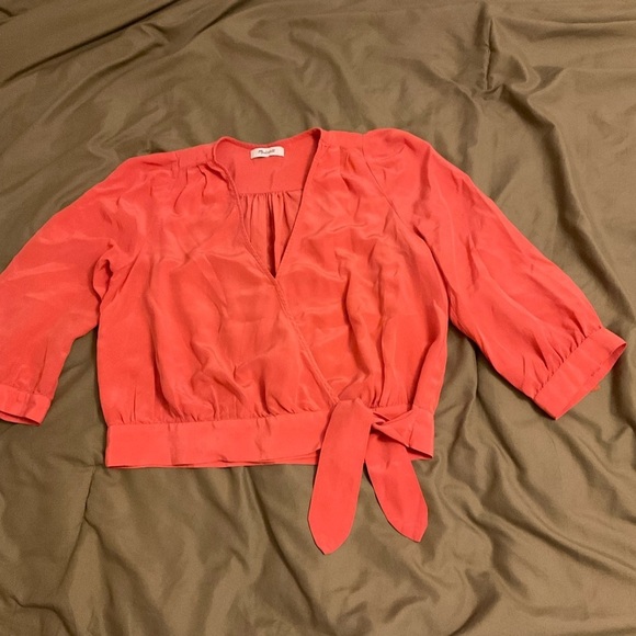 Madewell | Tops | Madewell Silk Sash Tie Front Wrap Coral Crop Top - Picture 2 of 13